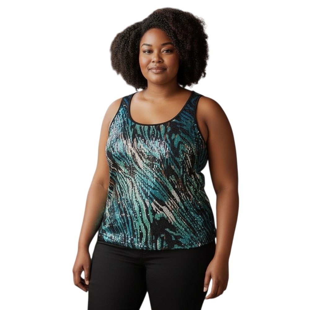 Peter Nygard Black Green Multi Color Sequin Tank Top Size XL